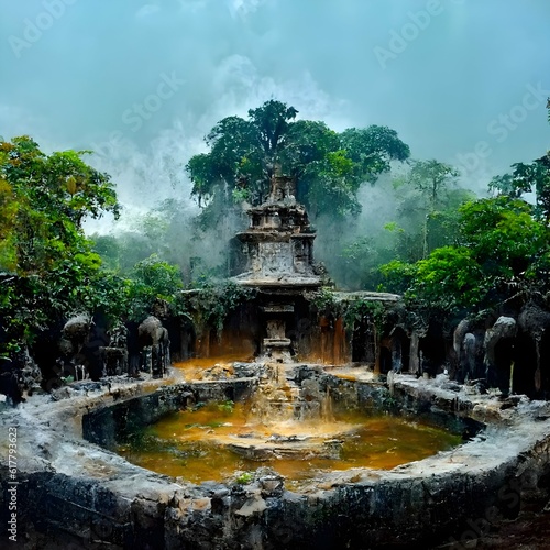 huge fountain in an ancient temple with trees and jungle all around it birds and wild animals drinking from a large gushing flowing spring water  photo