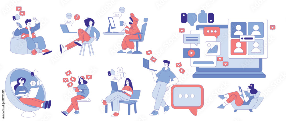 People Characters Using Social Media with Mobile Gadget Vector Set