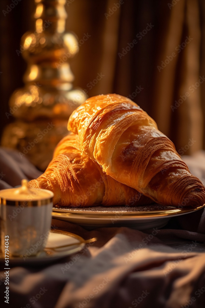 table bokeh cup background food breakfast sweet croissant morning background bakery drink. Generative AI.