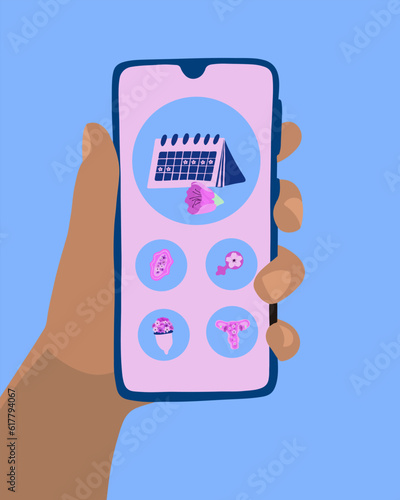 Vector isolated illustration of menstrual calendar. Mobile application of the menstrual cycle. Menstrual calendar online.