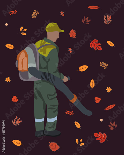 Vector isolated illustration of a man cleaning autumn leaves. Communal services of vacuum cleaning of autumn leaves.