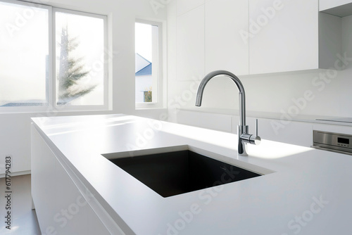 White minimalist kitchen countertop in natural light.