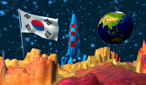 Mars  rocket and Earth with the South Korean flag