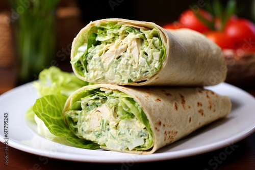 Chicken salad wrapped in lettuce and tortillas, light and flavorful.