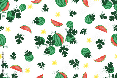 Seamless pattern with Watermelon, slice, green leaves and flowers. Watermelon Day horizontal banner. Endless ornament with Summer Fruit. Wallpaper and bed linen print. Vector illustration.