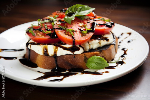 Toasted bread topped with fresh tomatoes, mozzarella, basil and balsamic glaze.