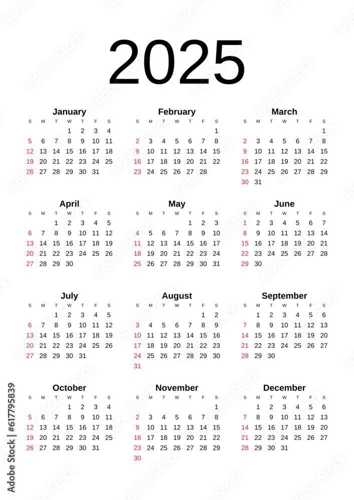 2025 Calendar year vector illustration. The week starts on Sunday