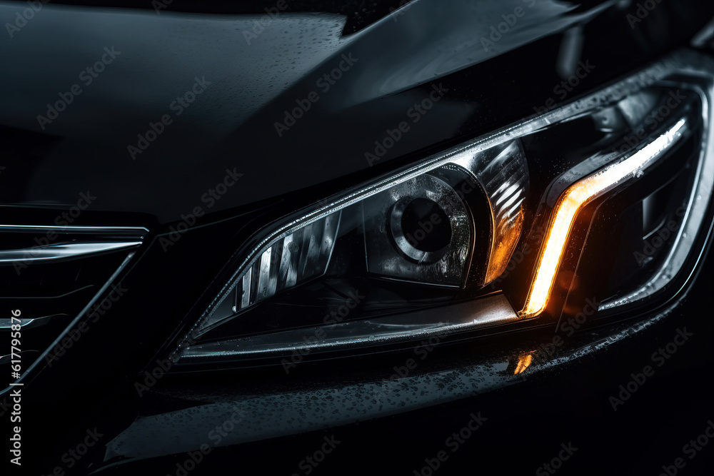 Headlight of a black car at night time