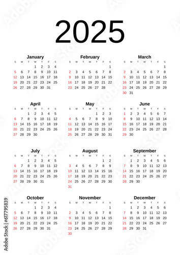 2025 Calendar year vector illustration. The week starts on Sunday. Annual calendar 2025 template. Calendar design in black and white colors, Sunday in red colors. Vector, made with Inkscape