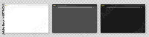 Browser windows. A set of realistic empty browser windows in white, gray and black with a toolbar, search bar and shadow on a gray background. 