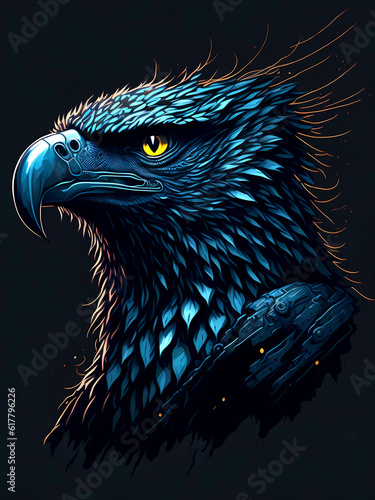 Scenic portrait of a eagle in colored ink on a black background