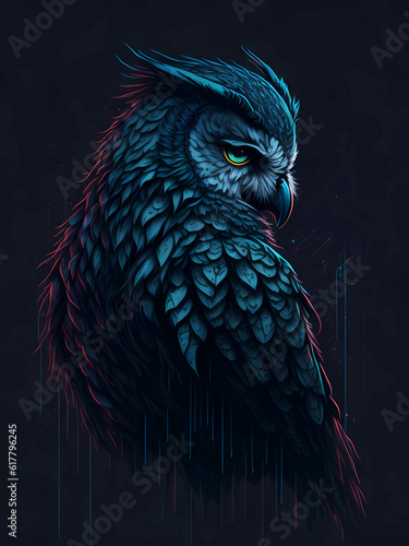 Scenic portrait of a owl in colored ink on a black background