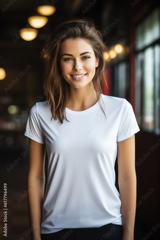 Female smiling model woman wearing a perfectly fitted plain white t-shirt. She exudes confidence as she stands before a blurred background with gentle daylight peeking through