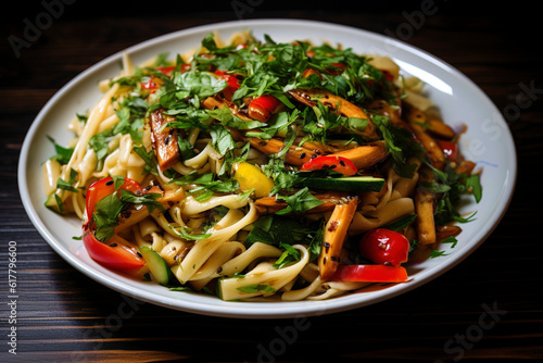 Cooked pasta, vegetables, and a tangy dressing.