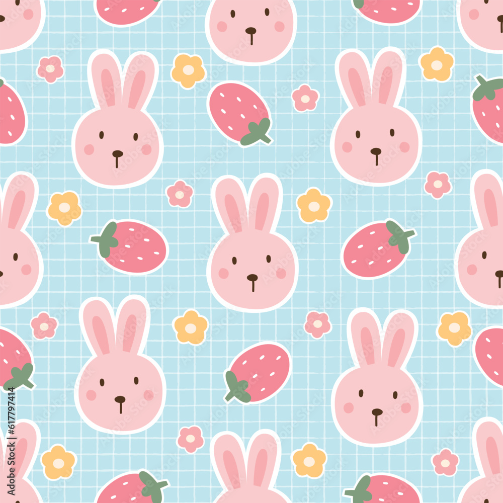 Fototapeta premium Whimsical Hand-Drawn Rabbit and Strawberry Pattern on Mesh Background - Cute and Playful Seamless Vector Illustration for Textile and Surface Design
