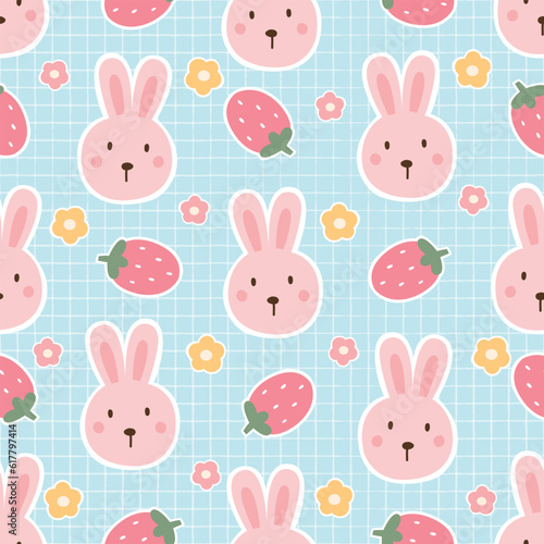 Whimsical Hand-Drawn Rabbit and Strawberry Pattern on Mesh Background - Cute and Playful Seamless Vector Illustration for Textile and Surface Design