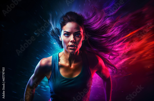 Determined woman running in colorful cinematic lighting. Red and blue tones. Fitness theme.