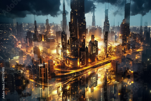 Aerial view captures the enchanting allure of a fantasy city, adorned with captivating dark and golden lights, creating a mesmerizing and ethereal atmosphere. Generative AI.