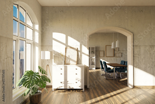 Fotografie luxurious loft apartment with arched window and noble minimalistic interior livi