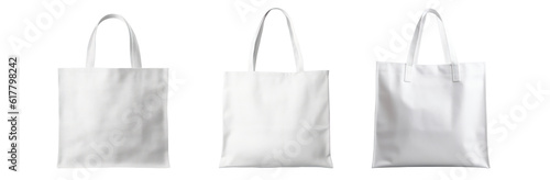 Cotton eco bags set, fabric white bag with handle for shopping. Mockup of blank canvas packets, textile reusable ecobags isolated. Generative AI transparent png without background.
