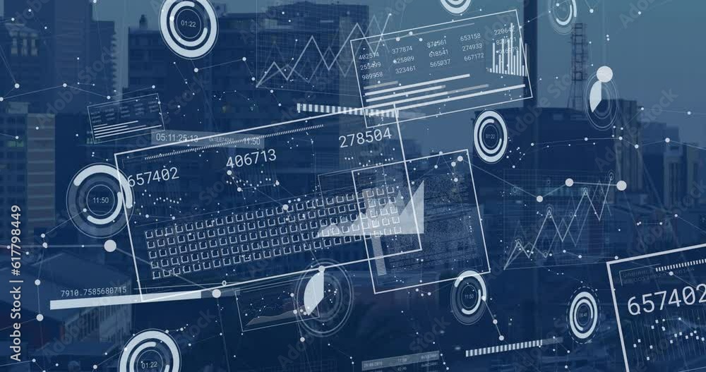 Animation of financial data processing over cityscape Animation of financial data processing over cityscape