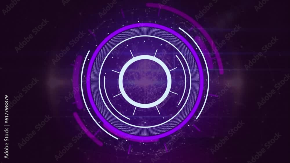 Animation of network of profile icons and light trails over neon purple round scanner Animation of network of profile icons and light trails over neon purple round scanner