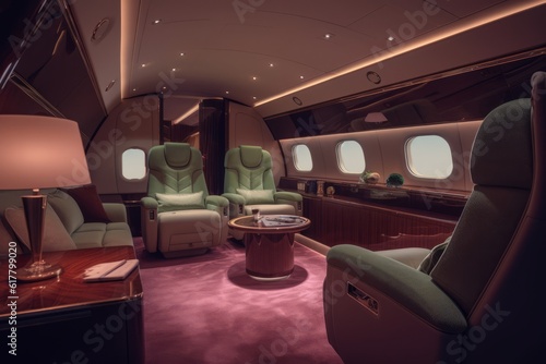 A private jet interior. Luxury tourism and business travel transportation concept. Generative Ai