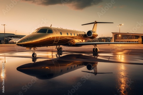 A luxury private jet waiting for take off. Luxury tourism and business travel transportation concept. Generative AI