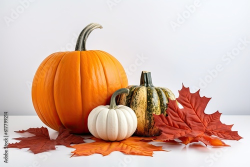 A variety of pumpkins with maple leaves on a light background.