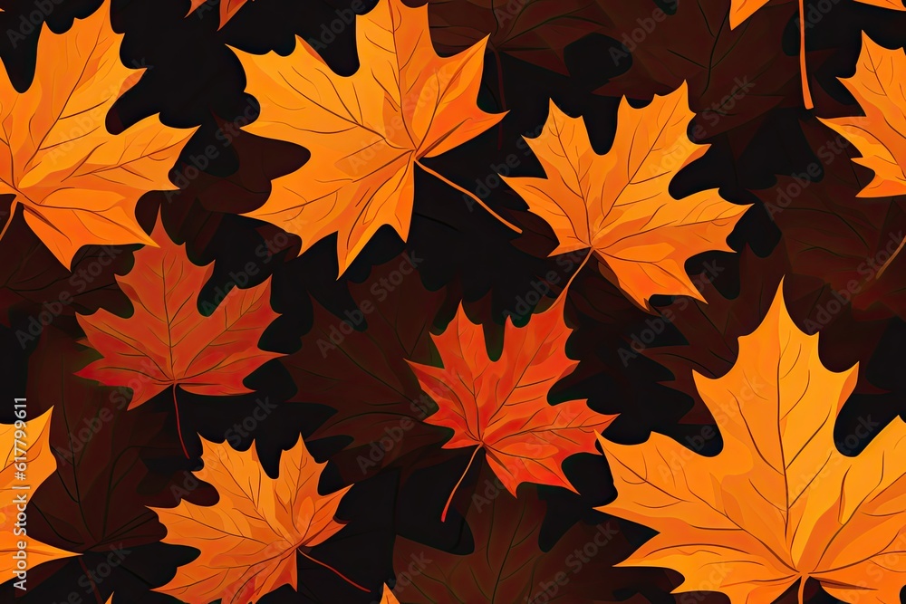 Seamless pattern of yellow autumn maple leaves on a dark background.