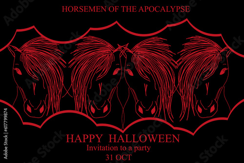 Horror design of Invitation Card for Halloween party with Horsemen of the Apocalypse. Concept with Devil Horses for Holiday banner. Big horizontal poster with bloody animal silhouette. Vector Art.