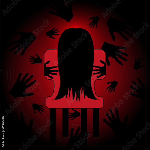 Scary Girl with black hair on a chair. Trendy japanese movie person. Creative Horror design for Halloween card. Vector Art.