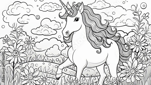 Children s coloring with a unicorn  black and white graphics with a curly pattern. The development of motor skills of children with drawings. Generative AI 