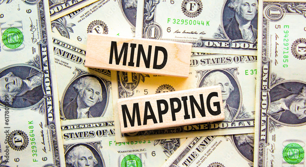 Mind mapping symbol. Concept words Mind mapping on wooden blocks on a beautiful background from dollar bills. Dollar bills. Business, support motivation psychological mind mapping concept. Copy space.