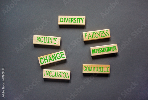 Diversity inclusion symbol. Concept words Community Diversity Equity Fairness Inclusion Representation Change on wooden block. Beautiful grey background. Diversity equity inclusion concept.