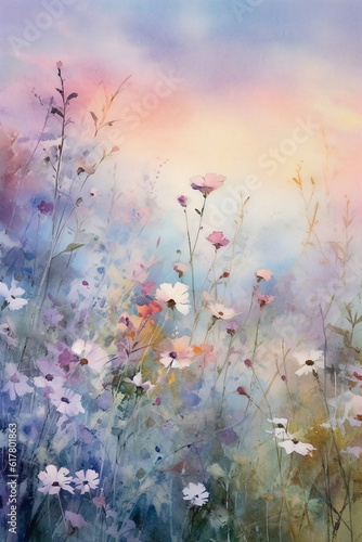 A serene twilight meadow filled with delicate flowers. AI generative © SANGHYUN