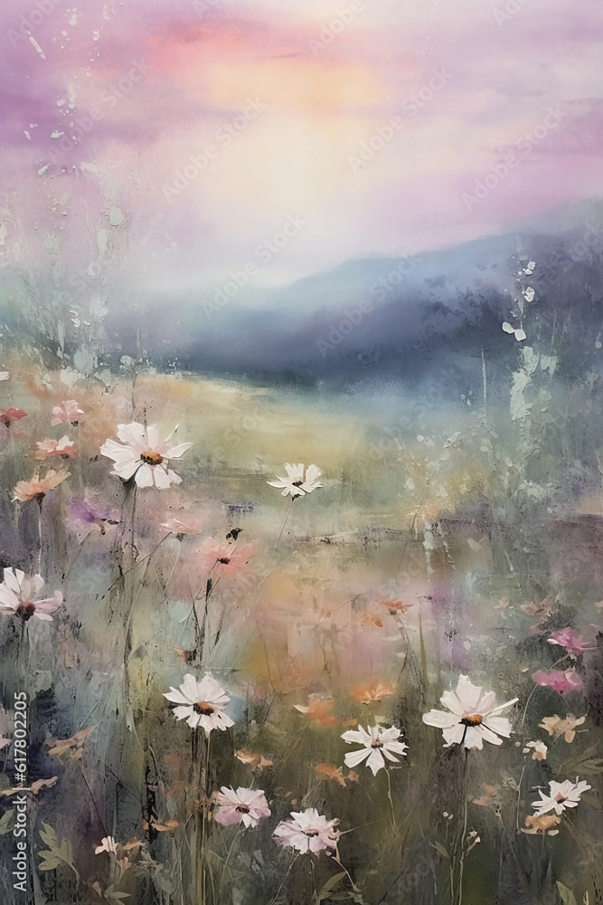 A serene twilight meadow filled with delicate flowers. AI generative A serene twilight meadow filled with delicate flowers. AI generative