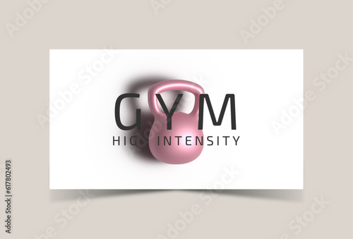 Banner with barbells dumbbells fitness realistic three-dimensional composition on pink background