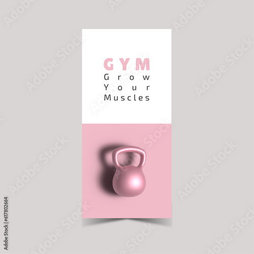 Banner with barbells dumbbells fitness realistic three-dimensional composition on pink background