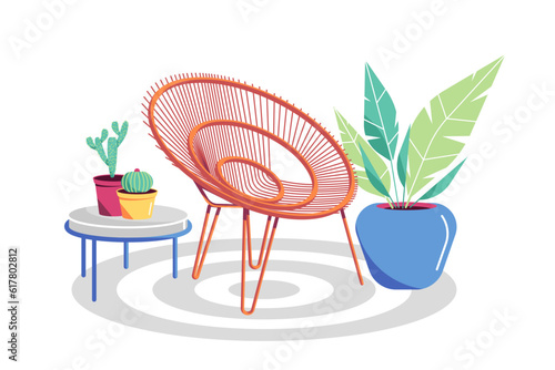 Cozy terrace, place to relax. Relaxation place. Combination of comfortable chair with flowers pleasing to the eye. Vector.