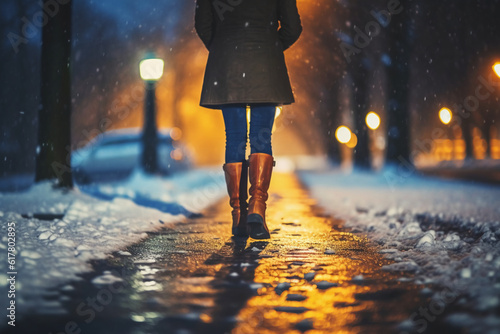 Back view of close up of a woman leg walking in snowy winter night park. AI generative