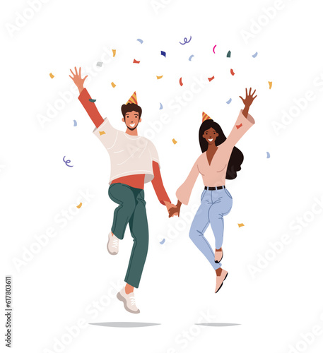 Young couple holding hands and jumping on the background of confetti. The concept of friendship, healthy lifestyle, success, holiday event. Vector illustration in flat style.