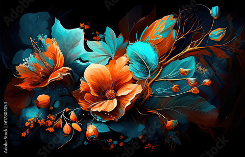 bright flowers on a dark background created with Generative AI technology © Edi