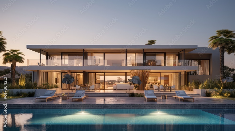 Fototapeta premium modern villa with open plan living and private bedroom wing with small terrace for relaxation, Generative AI.