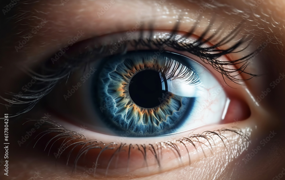 Fototapeta premium Human blue eye in close up macro view. Generative AI.