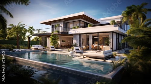 modern villa with open plan living and private bedroom wing with small terrace for relaxation, Generative AI. © Onchira