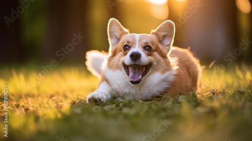 A joyful Corgi rolling in the grass while its owner playfully chases, capturing a carefree and playful bond Generative AI