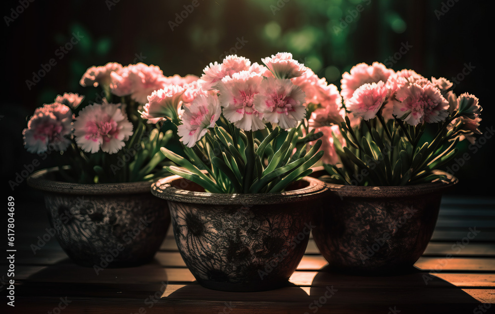 Pink and white flowers on terra cotta pots in the garden created with Generative AI technology