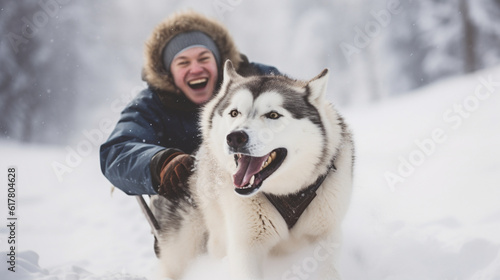 A delighted Husky pulling its owner on a sled through a snowy landscape, showcasing their shared love for outdoor adventures Generative AI