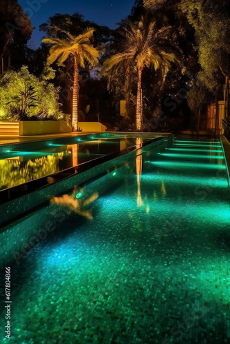 Huge swimming pool with lights and a waterfall, in the style of light emerald and dark brown, nature inspired, manapunk, marbleized, rounded, aluminum, traumacore. AI generative